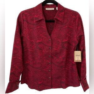 Coldwater Creek Red/Black Paisley Jacquard Shirt Cotton Ladies Size Petite S NWT